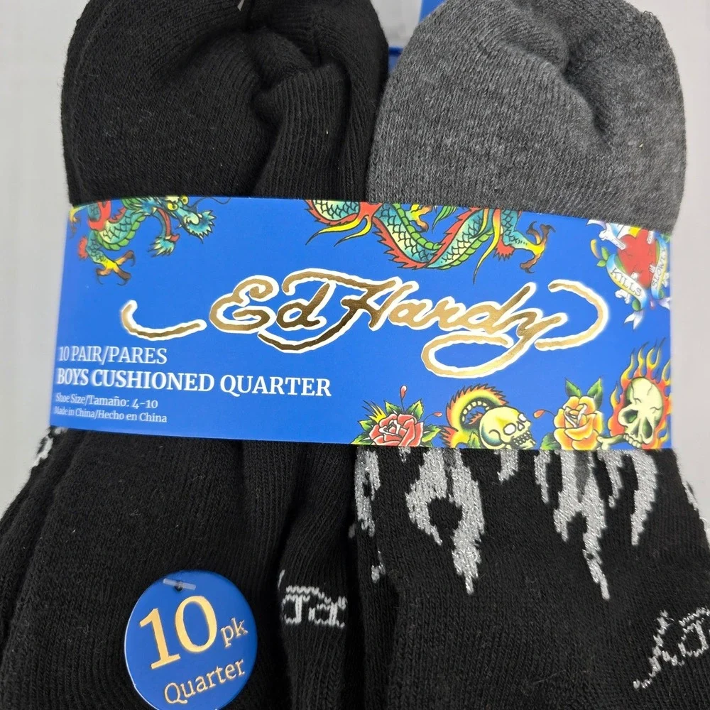 Ed Hardy Boys Cushioned Quarter Socks 10 Pair Pack Black Grey Youth Size 4-10